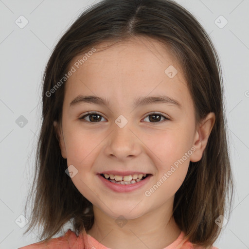 Joyful white child female with medium  brown hair and brown eyes