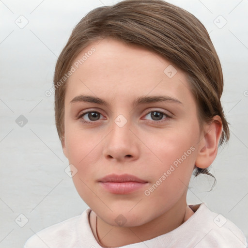 Neutral white young-adult female with short  brown hair and brown eyes