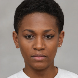 Neutral black young-adult female with short  brown hair and brown eyes