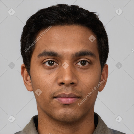 Neutral latino young-adult male with short  brown hair and brown eyes