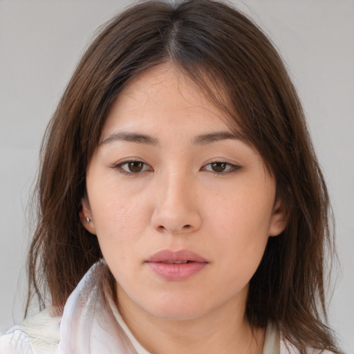 Neutral white young-adult female with medium  brown hair and brown eyes