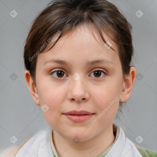 Joyful white child female with medium  brown hair and brown eyes