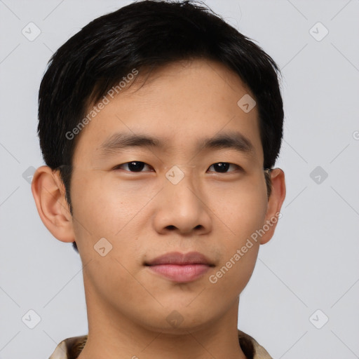 Neutral asian young-adult male with short  brown hair and brown eyes