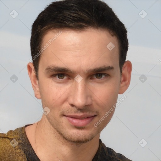 Joyful white young-adult male with short  brown hair and brown eyes