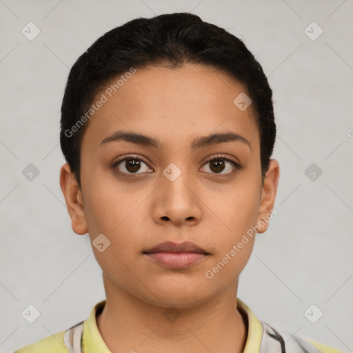 Neutral latino young-adult female with short  black hair and brown eyes