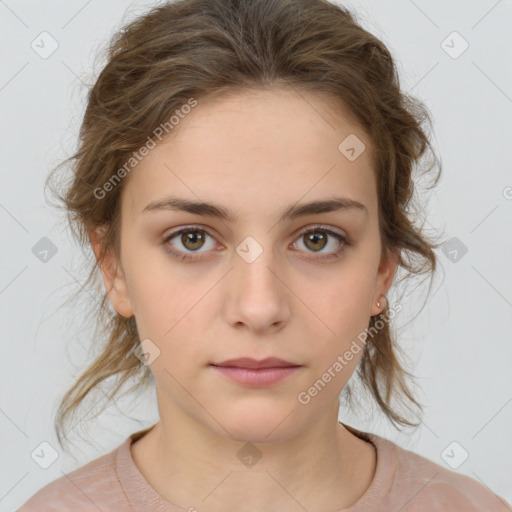 Neutral white young-adult female with medium  brown hair and brown eyes