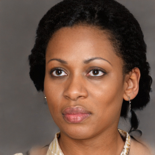 Neutral latino young-adult female with short  black hair and brown eyes