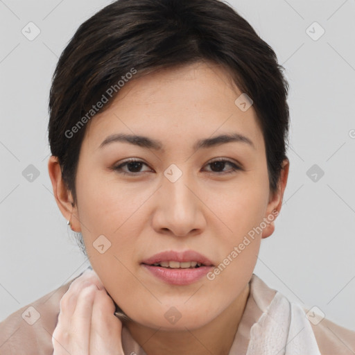 Joyful white young-adult female with short  brown hair and brown eyes