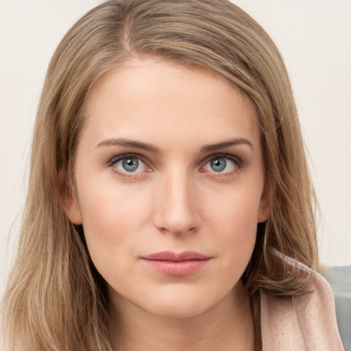 Neutral white young-adult female with long  brown hair and grey eyes