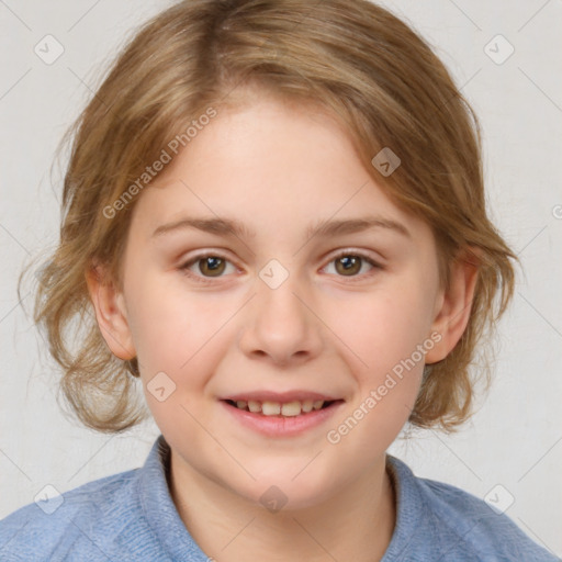 Joyful white child female with medium  brown hair and blue eyes