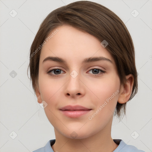 Neutral white young-adult female with medium  brown hair and brown eyes