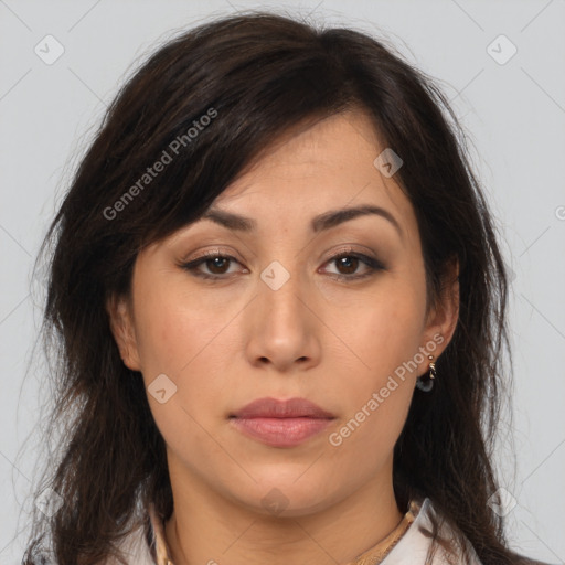 Neutral asian young-adult female with medium  brown hair and brown eyes