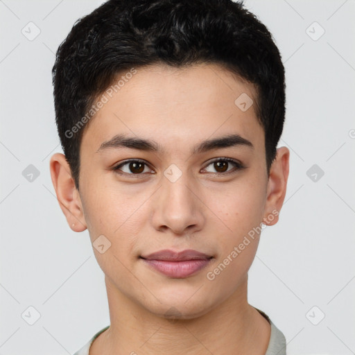 Joyful latino young-adult male with short  brown hair and brown eyes