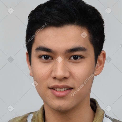 Joyful asian young-adult male with short  black hair and brown eyes