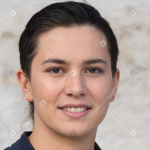 Joyful white young-adult female with short  brown hair and brown eyes