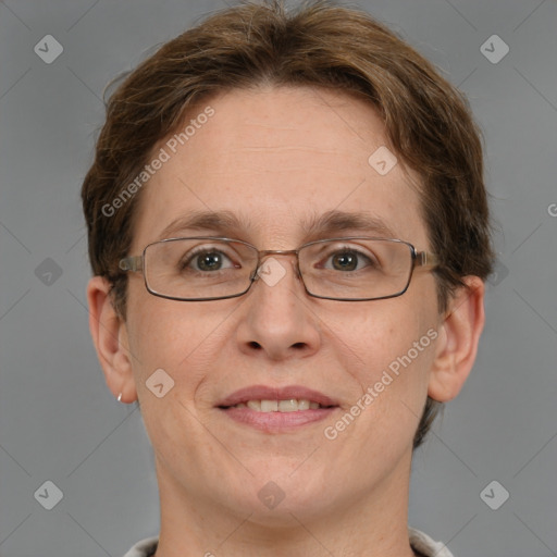 Joyful white adult female with short  brown hair and grey eyes