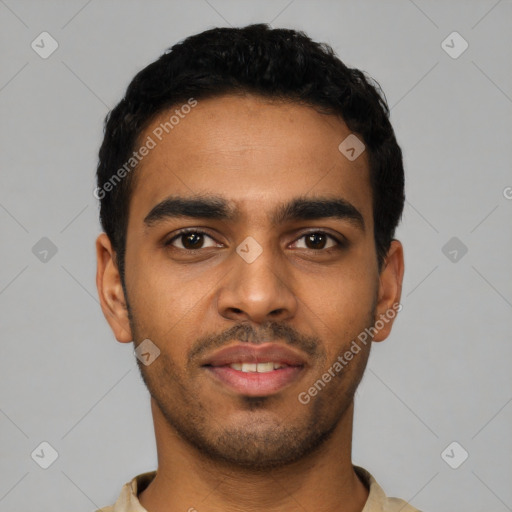 Neutral latino young-adult male with short  black hair and brown eyes