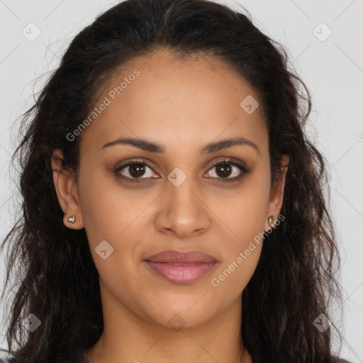 Joyful latino young-adult female with long  brown hair and brown eyes
