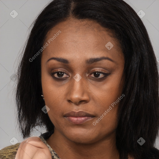 Joyful asian young-adult female with long  black hair and brown eyes