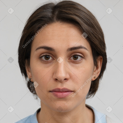 Neutral white young-adult female with medium  brown hair and brown eyes