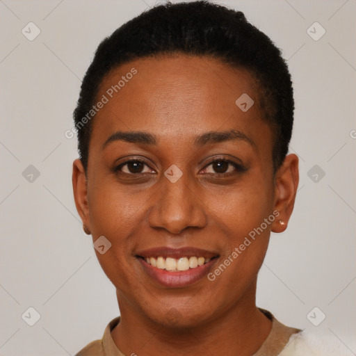 Joyful black young-adult female with short  black hair and brown eyes