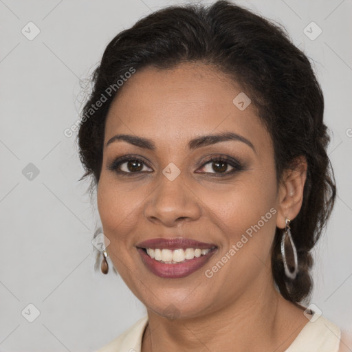 Joyful latino young-adult female with medium  brown hair and brown eyes