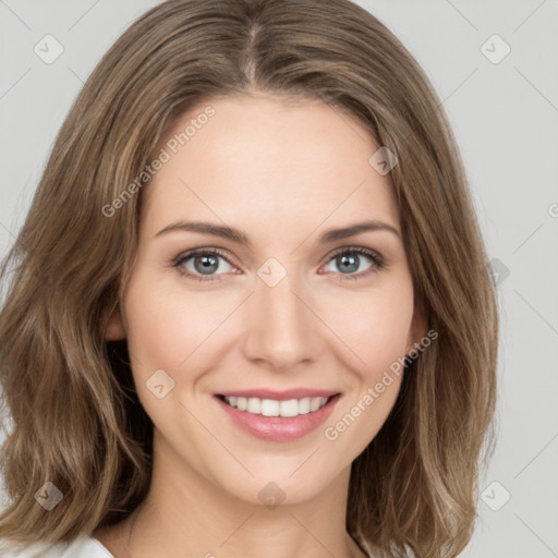 Joyful white young-adult female with medium  brown hair and green eyes