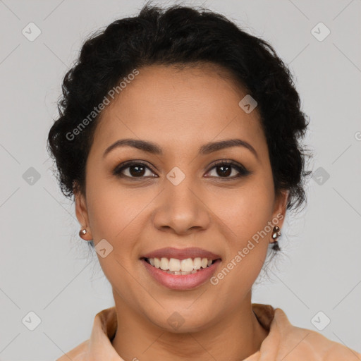 Joyful latino young-adult female with short  brown hair and brown eyes