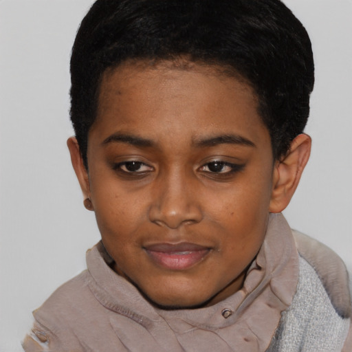 Neutral black young-adult female with short  black hair and brown eyes