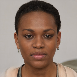 Neutral black young-adult female with short  brown hair and brown eyes