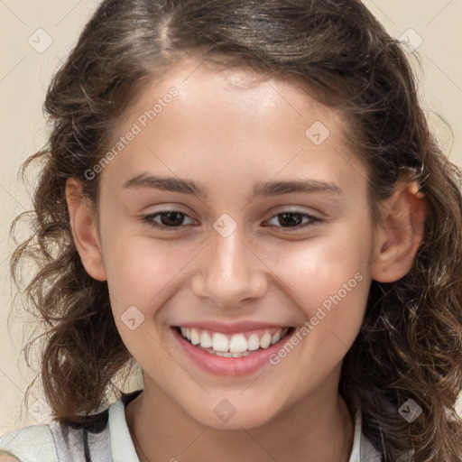 Joyful white child female with medium  brown hair and brown eyes