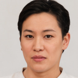 Neutral asian young-adult female with short  black hair and brown eyes