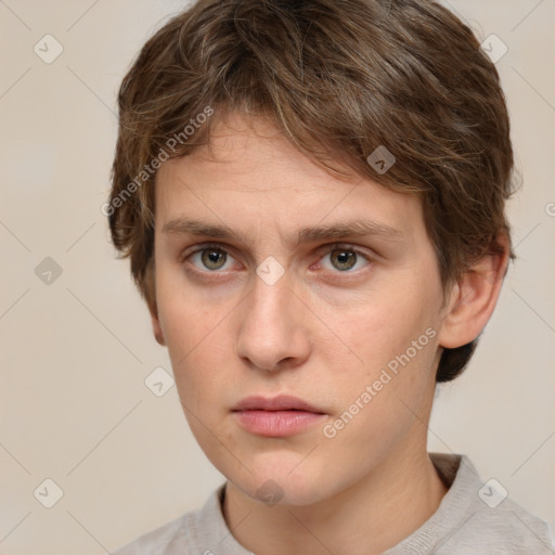 Neutral white young-adult male with short  brown hair and grey eyes