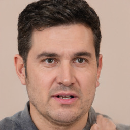 Joyful white adult male with short  brown hair and brown eyes