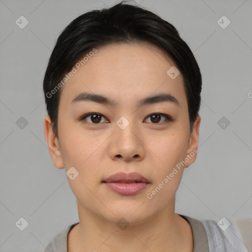 Neutral asian young-adult female with short  black hair and brown eyes