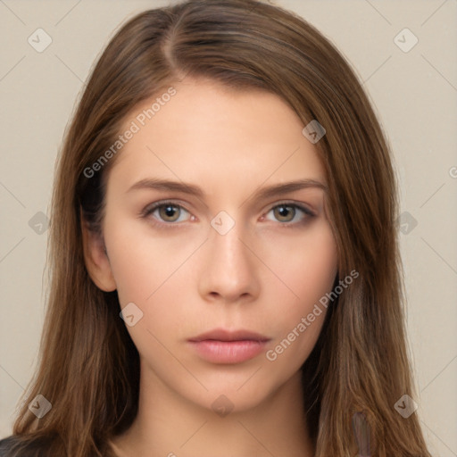 Neutral white young-adult female with long  brown hair and brown eyes