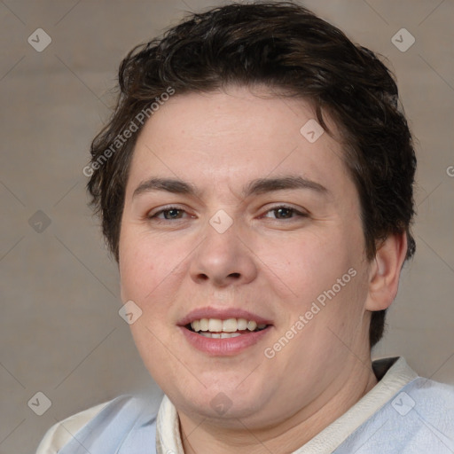 Joyful white adult female with short  brown hair and brown eyes