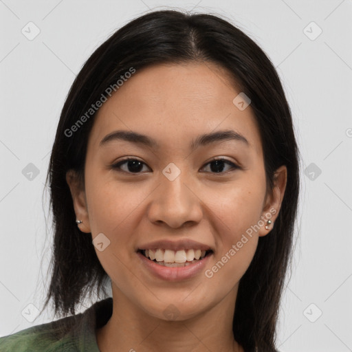 Joyful white young-adult female with medium  brown hair and brown eyes