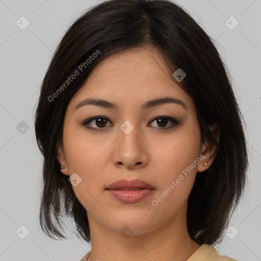 Neutral asian young-adult female with medium  brown hair and brown eyes