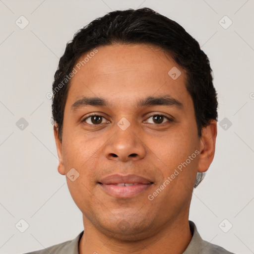 Neutral latino young-adult male with short  black hair and brown eyes