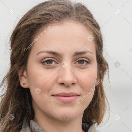 Joyful white young-adult female with medium  brown hair and grey eyes