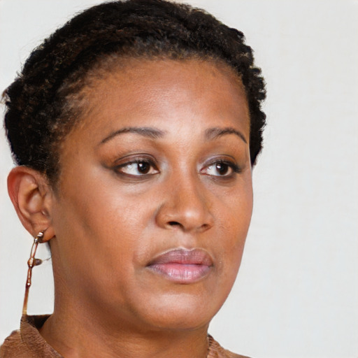 Neutral black young-adult female with short  brown hair and brown eyes