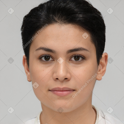 Neutral white young-adult female with short  brown hair and brown eyes