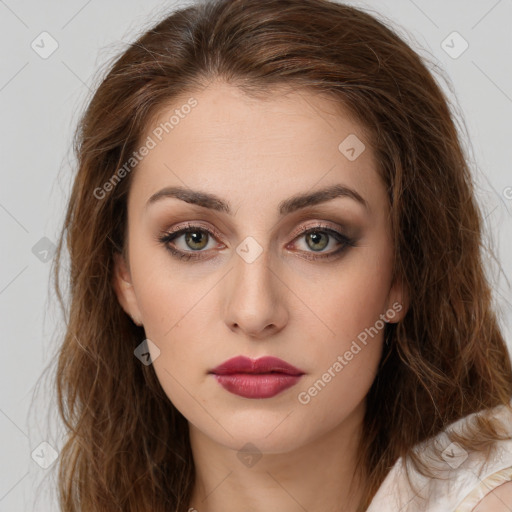 Neutral white young-adult female with long  brown hair and brown eyes