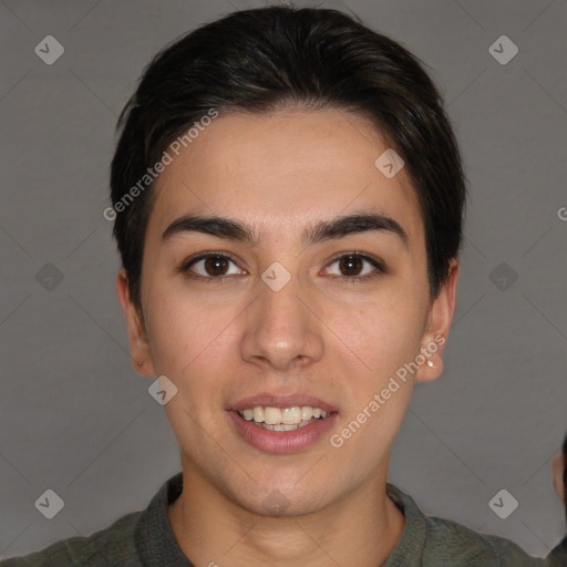 Joyful white young-adult female with short  brown hair and brown eyes