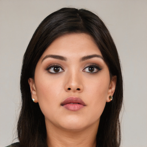 Neutral asian young-adult female with long  brown hair and brown eyes