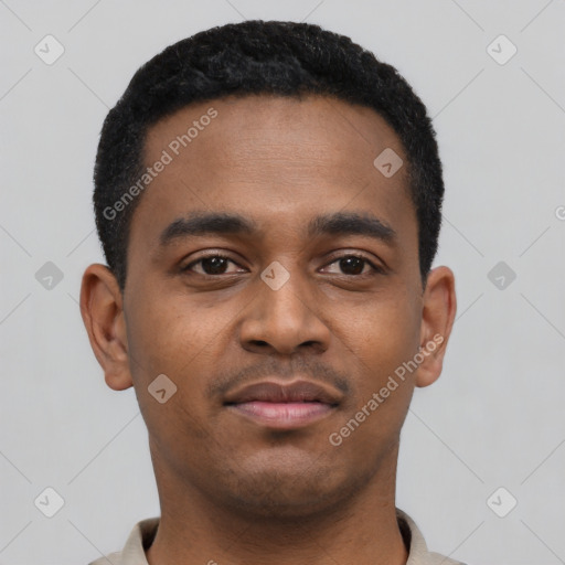 Neutral black young-adult male with short  black hair and brown eyes