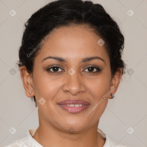 Joyful latino young-adult female with short  brown hair and brown eyes