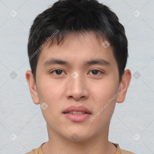 Neutral asian young-adult male with short  brown hair and brown eyes