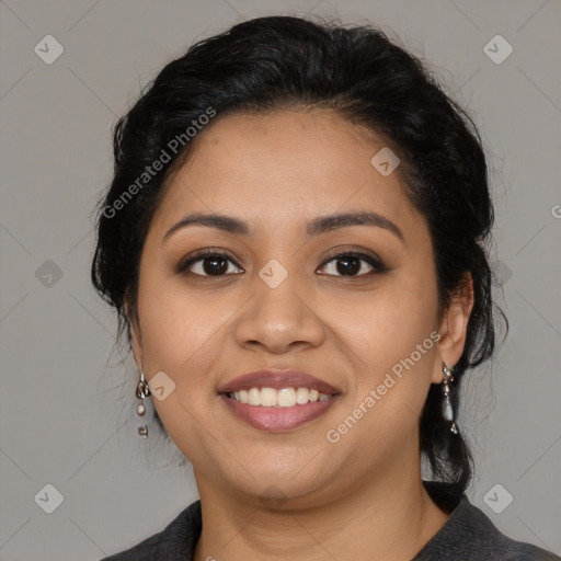 Joyful latino young-adult female with medium  black hair and brown eyes